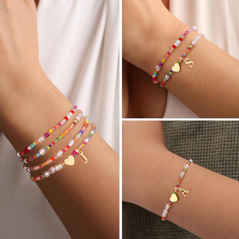 JIAOGE Valentines Day Gifts for Kids Her - 4PCS Gold Stretchable Boho Colorful Beaded Pearl Heart Initial Bracelets for Women Teen Girl Gifts Trendy Stuff Cute Stackable Kids Jewelry Birthday Gifts - Image 4